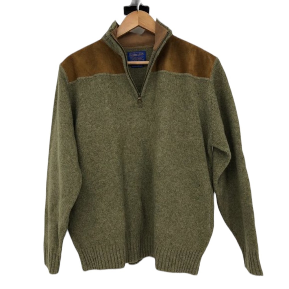 Pendleton Shetland Wool Olive Green Quarter Zip Suede Elbow Patch Sweater Sp